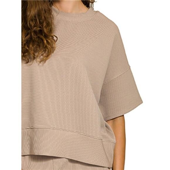 Zenana Ribbed Round Neck Tee & Pants Set - Picture 3 of 3